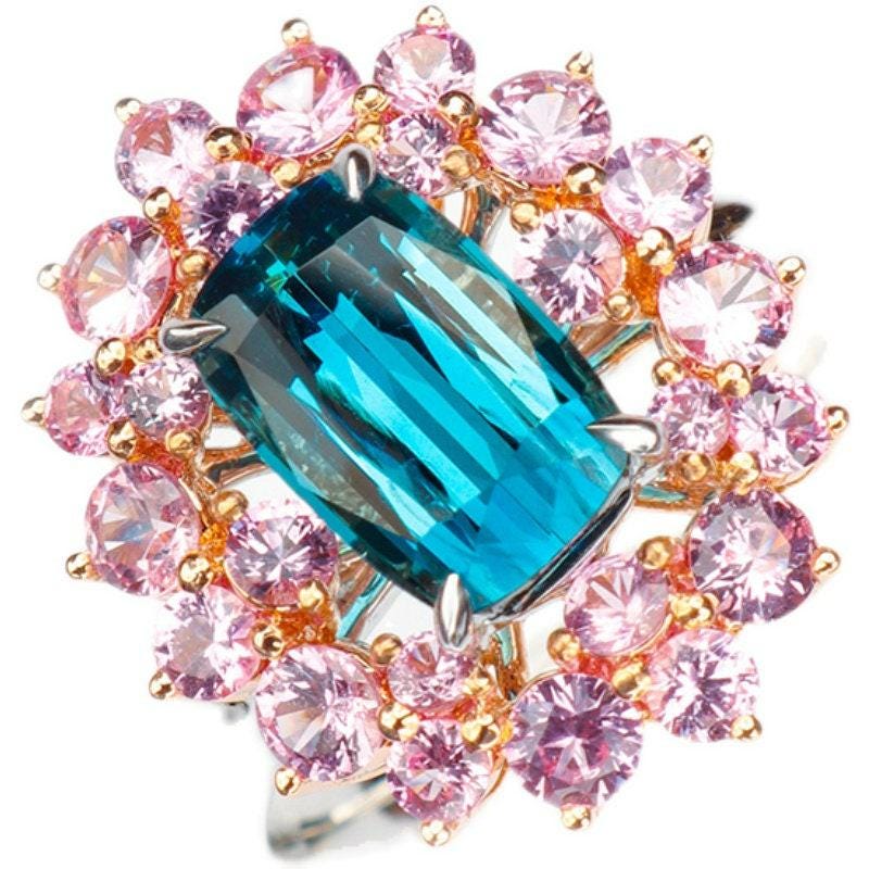 Cluster Blue Tourmaline Sapphire 18K White Gold Ring