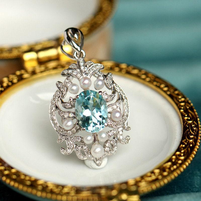 1.6ct Santa Maria Aquamarine Pearl Necklace - 18K White Gold