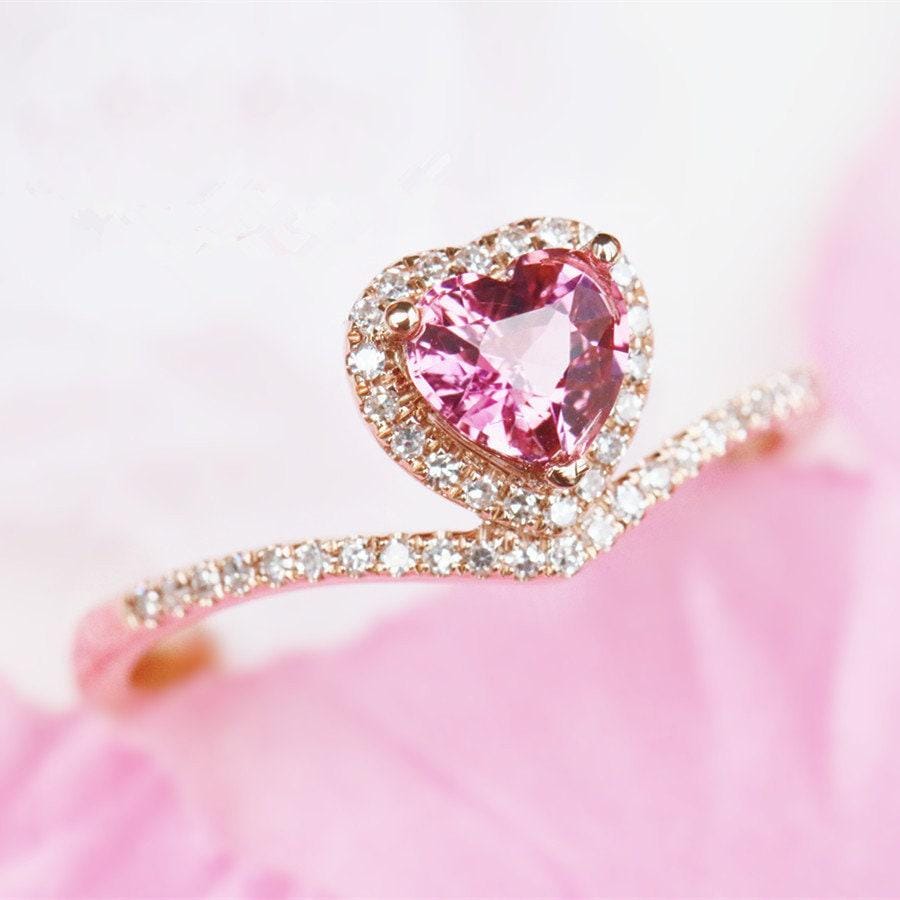 Pink Tourmaline Heart Chevron Stackable Ring - 18K Yellow Gold