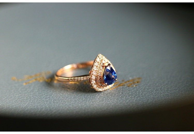 Blue Sapphire Teardrop Ring with Halo Diamonds - 18K White Gold