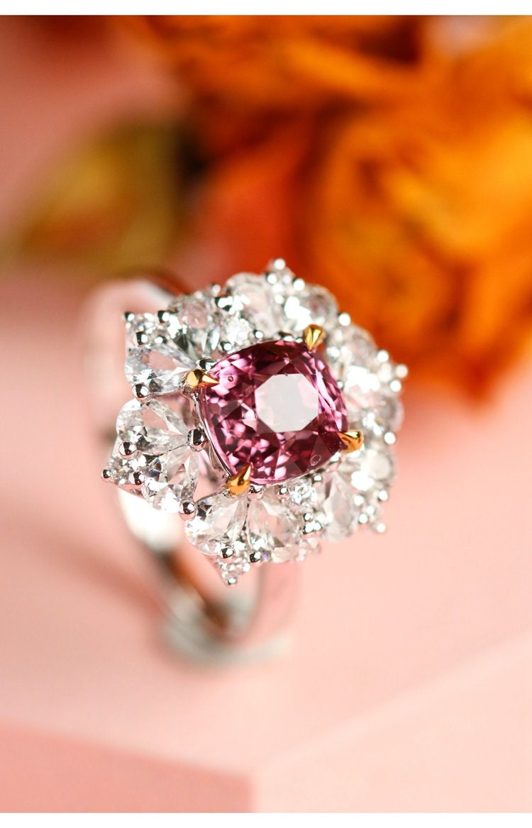 1ct Pinkish Spinel & White Sapphire Engagement Ring - 18K White Gold