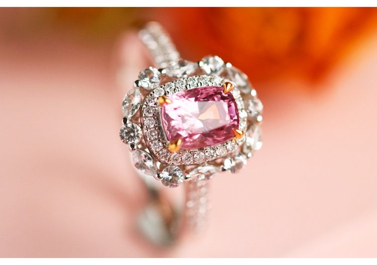 1.15ct Pinkish Spinel Cushion & Diamond Ring - 18K White Gold
