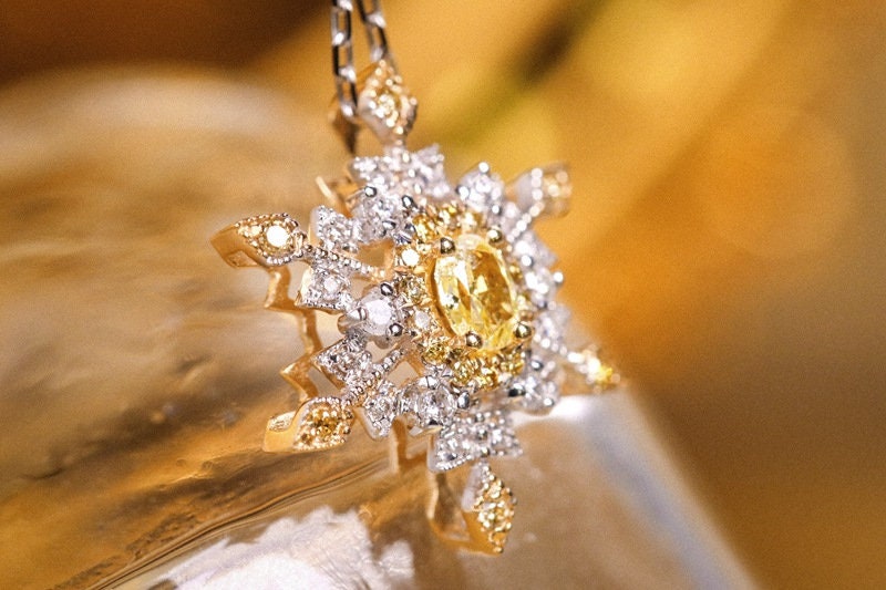 Snowflake Fancy Yellow Diamonds Necklace in 18K White Gold