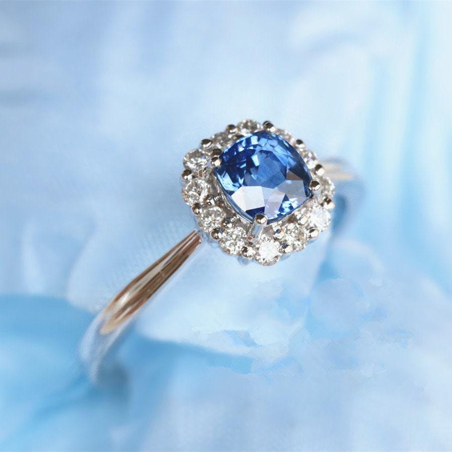 1.63ct Cushion Blue Sapphire & Halo Diamond Ring in 18K White Gold