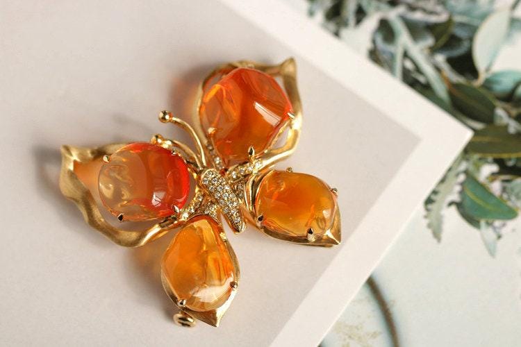 Fire Opal Butterfly Design 18K Gold Pendant
