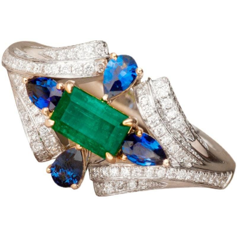 Art Deco Emerald & Sapphire Ballerina Ring in 18K Gold\