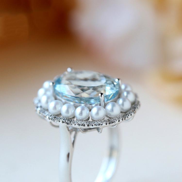 5.7ct Santa Maria Aquamarine & Akoya Pearl Halo Ring in 18K Gold