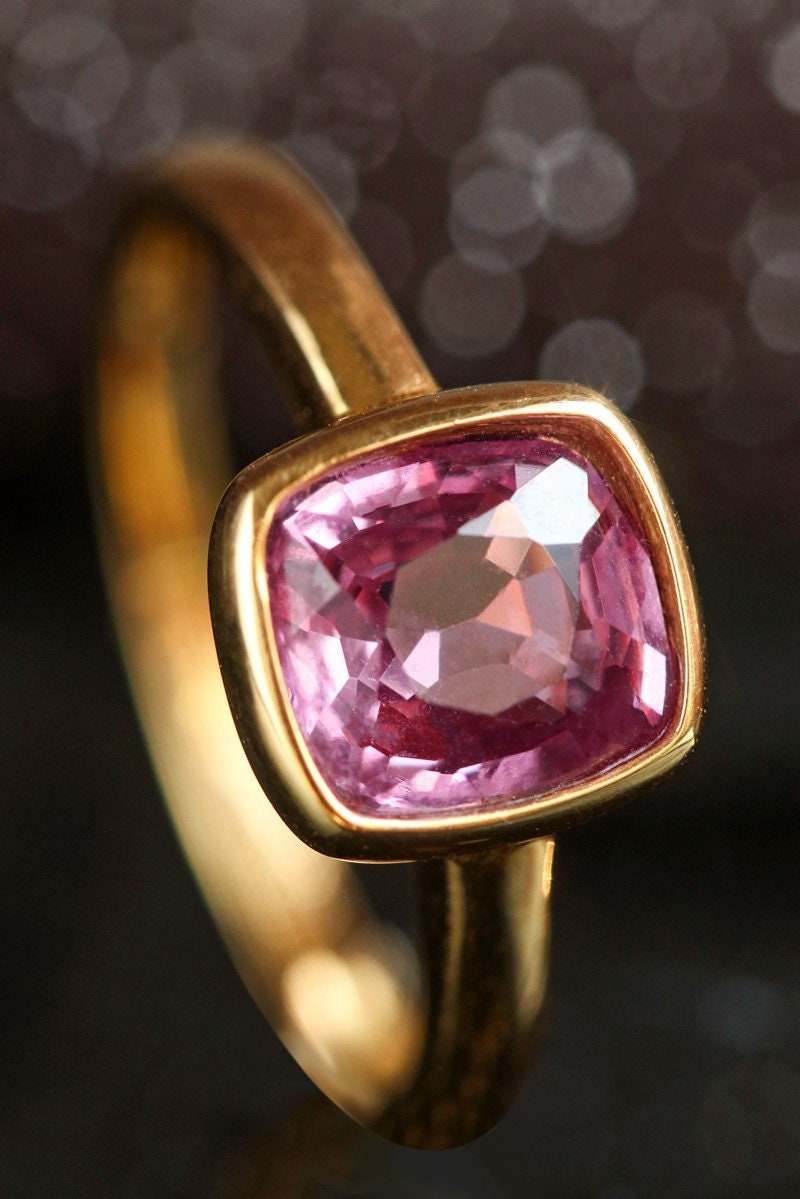 1.1ct Pinkish Cushion Bezal Set Ring in 18K Yellow Gold