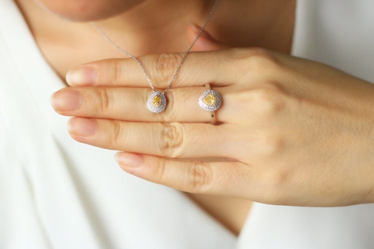 Fancy Yellow Diamonds Double Halo Teardrop Ring - 18K Yellow Gold