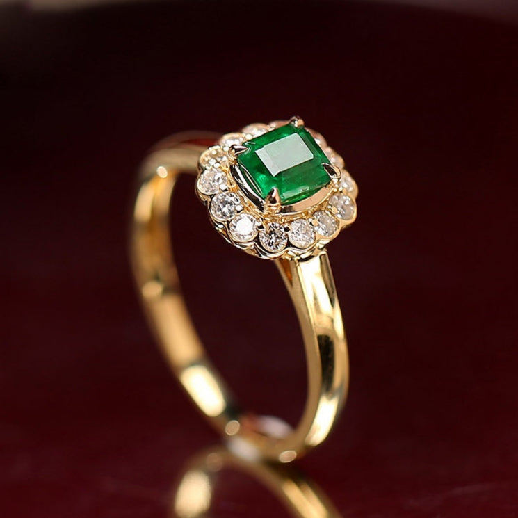 Vintage-Inspired Emerald & Diamond Halo Ring in 18K Yellow Gold