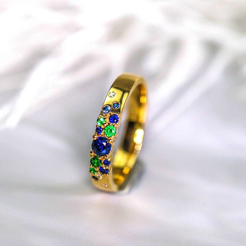 Blue Sapphire Tsavorite Cluster Band Ring in 18K Yellow Gold