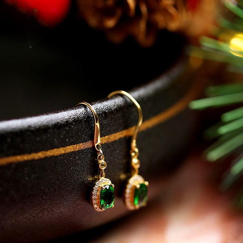 Tsavorite Oval Cut & Diamond Earrings - 18K Yellow Gold