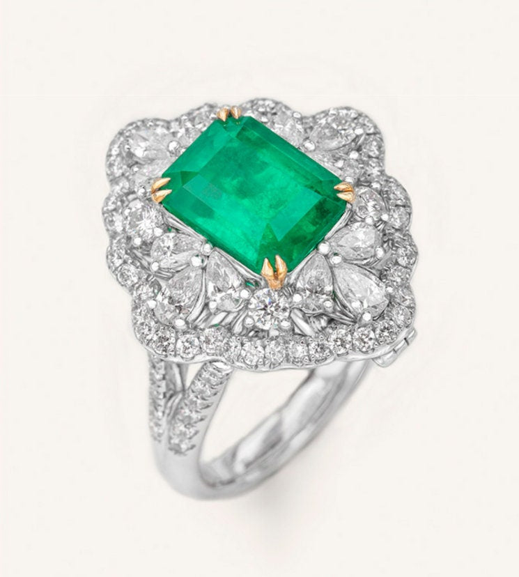 Art Deco Paraiba Tourmaline & Emerald Ring in Platinum 950