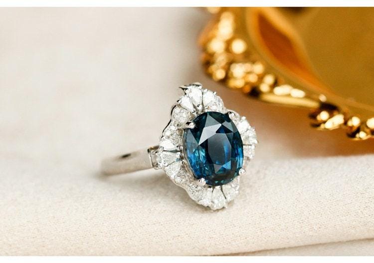2ct Sapphire Halo Diamond 18K White Gold Ring - Two in One Jewelry