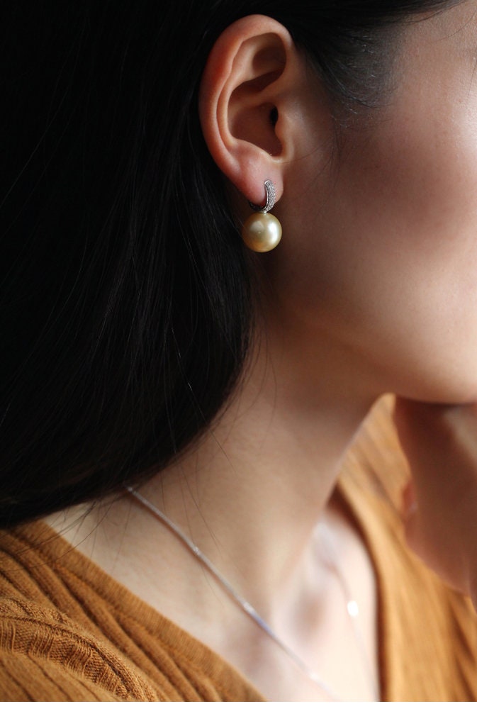 12mm Golden South Sea Pearl & Diamond Earrings - 18K Yellow Gold