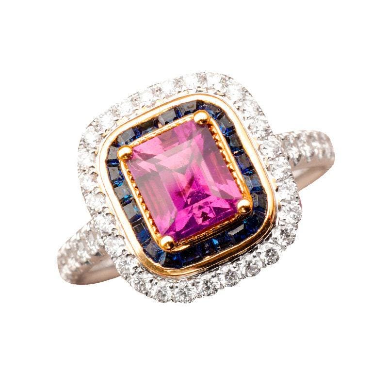 1.52ct Purple Blue Sapphire 18K Gold Ring with Double Halo Diamonds