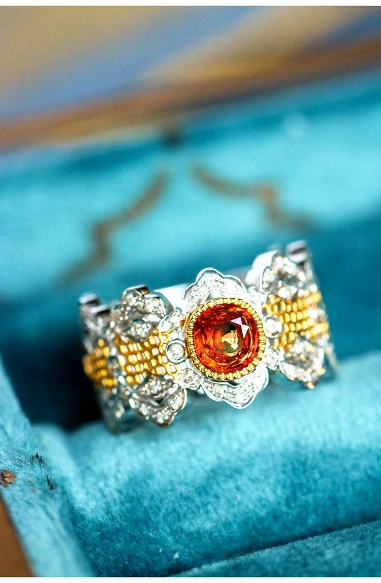 Italian Crafted 18K Two Tone Gold Ring - Sapphire Garnet Diamond