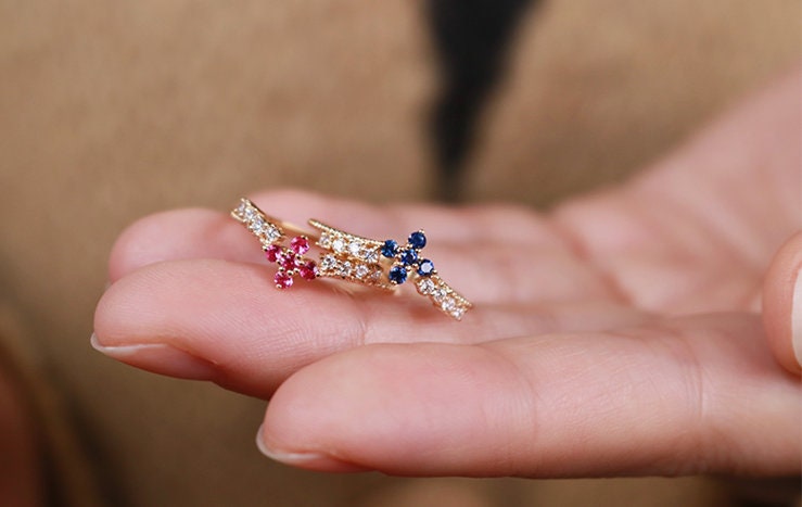 Ruby & Blue Sapphire Band Ring in 18K Yellow Gold