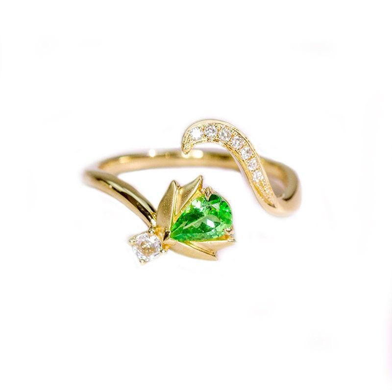 Cute Ladybug Tsavorite Ring with Diamonds in 18K Yellow Gold