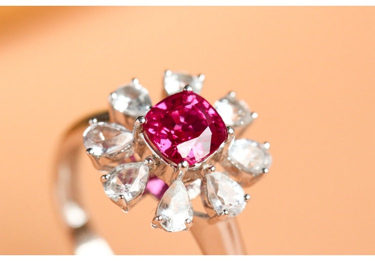 Flower Pink Spinel & White Sapphire Ring - 18K White Gold