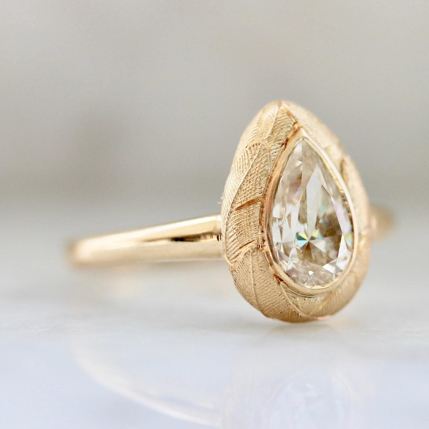 Champagne Diamond Pear Engagement Ring - 18K Yellow Gold
