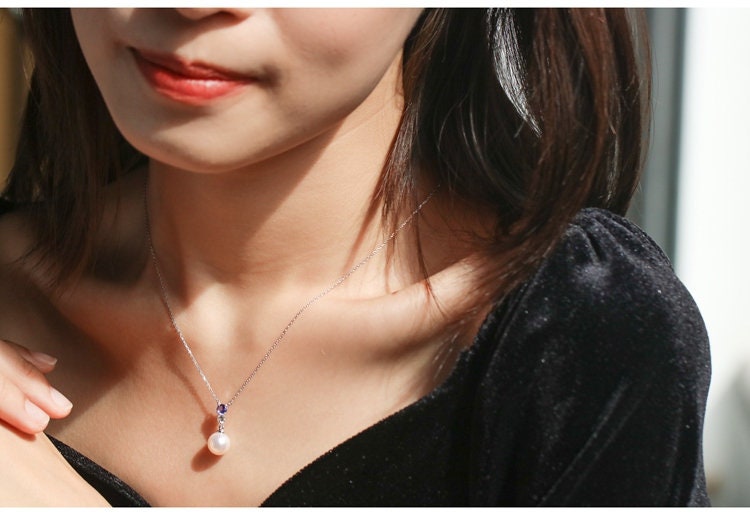 Blue Tanzanite & 8mm Akoya Pearl Necklace in 18K White Gold