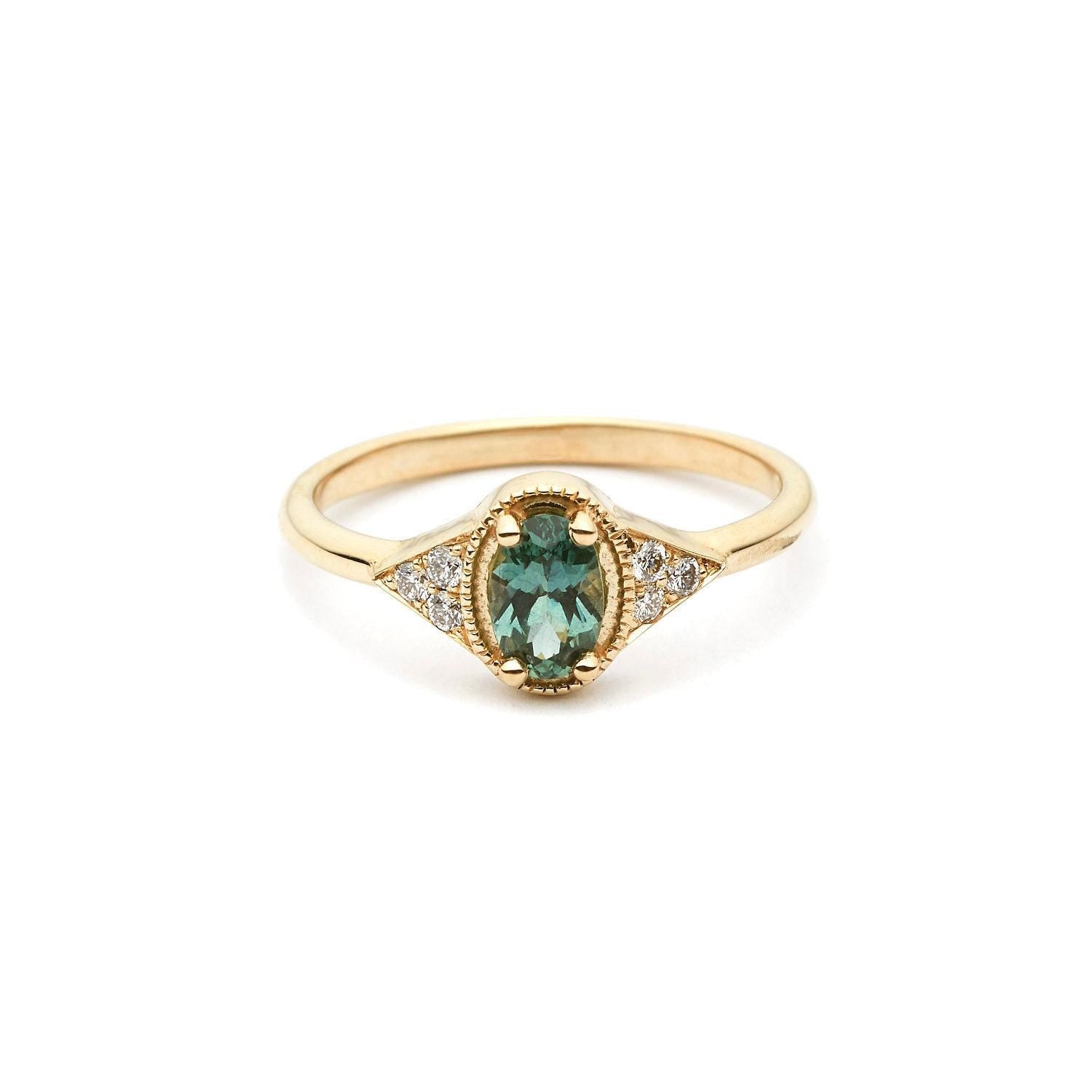 1ct Peacock Green Sapphire Engagement Stacking Ring in 18K Yellow Gold