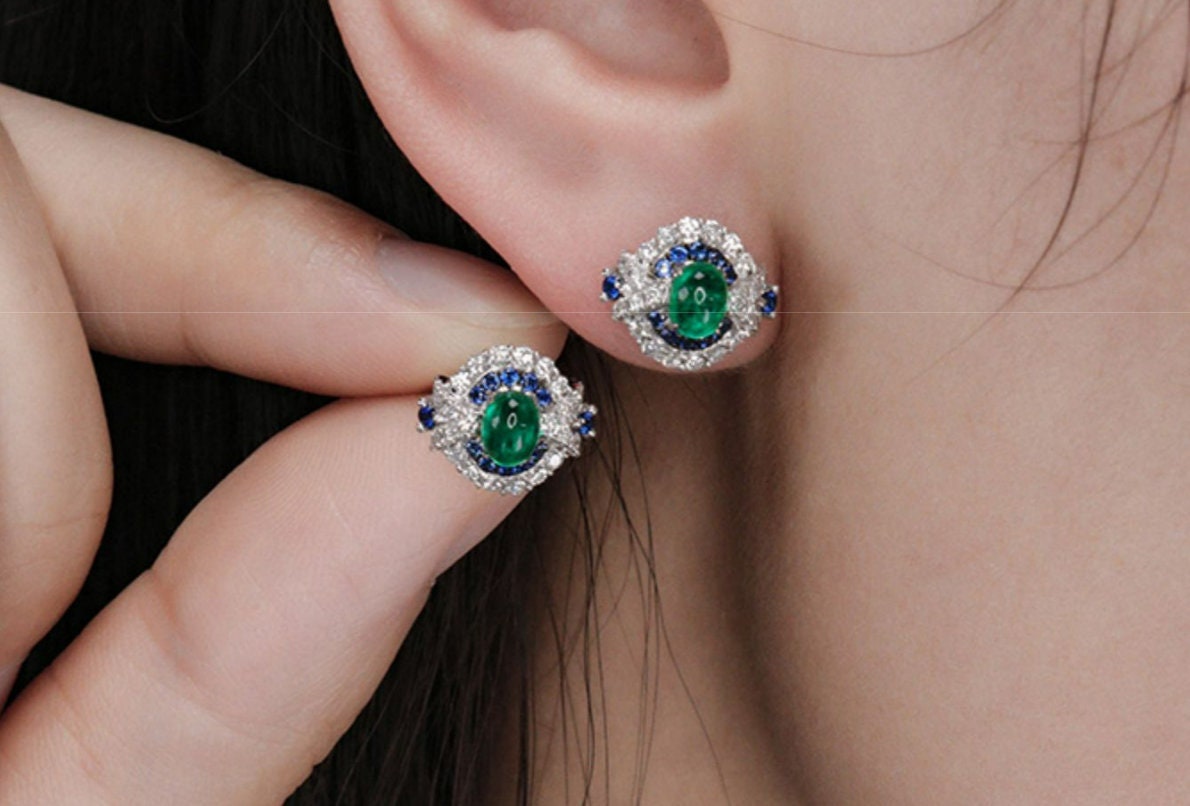 Cabochon Emerald & Sapphire Diamond Ring in 18K White Gold