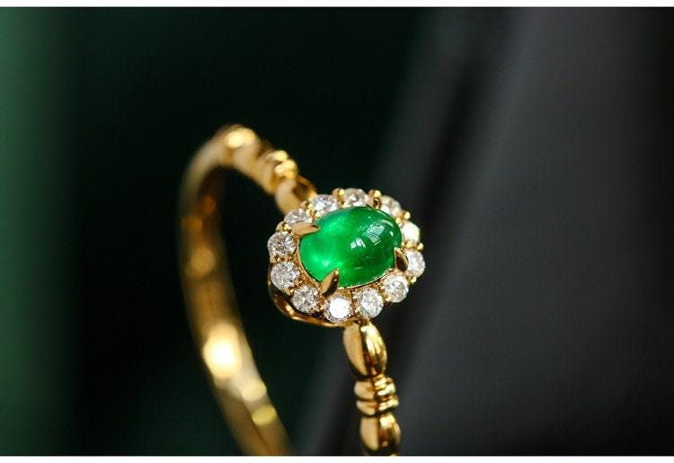Cabochon Emerald & Halo Diamond Ring in 18K Yellow Gold