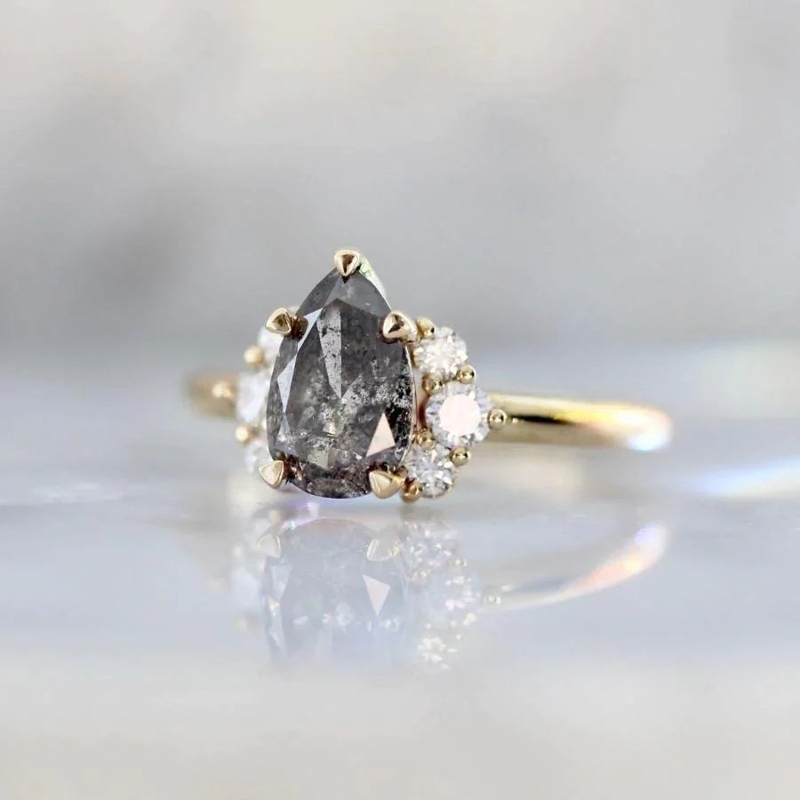 1.55ct Pear Cut Salt & Pepper Diamond Ring - 18K Yellow Gold