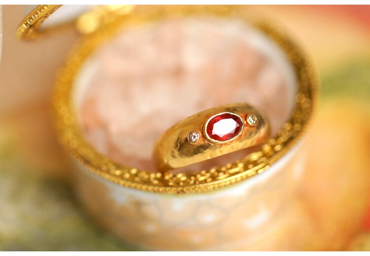 Red Tourmaline Diamond 18K Yellow Gold Statement Ring