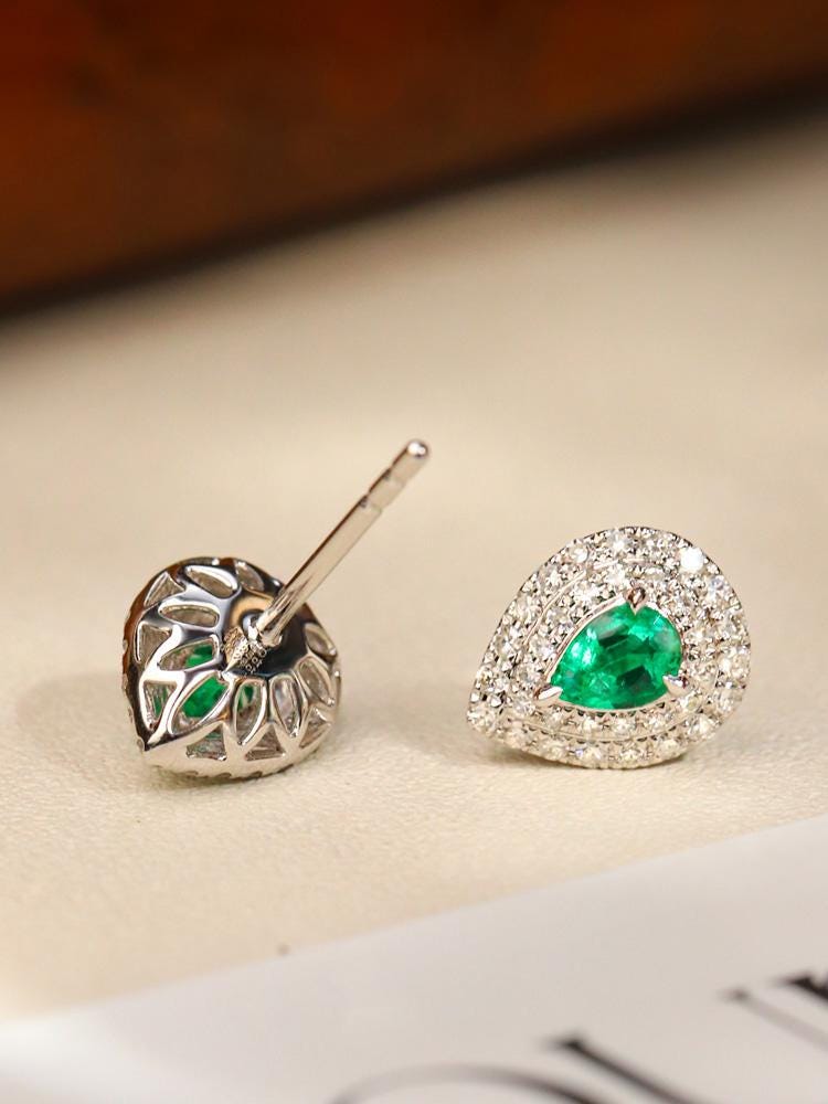 Emerald Teardrop Earrings with Double Diamond Halo in Platinum 950
