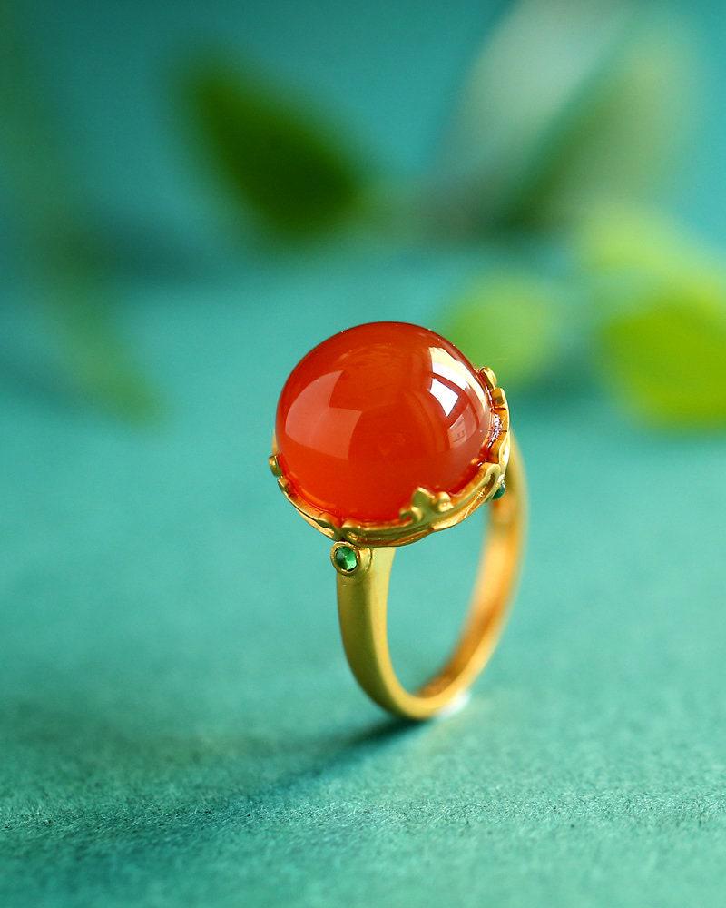 Maitreya Design Southern Red Agate Cabochon Ring - 18K Yellow Gold