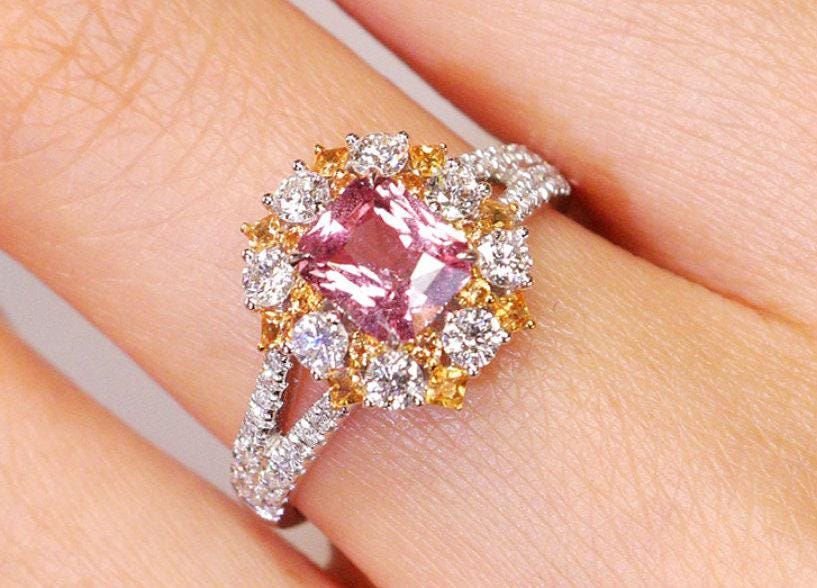 1.25ct Pink Sapphire Cushion Cut & Diamond Ring - 18K White Gold