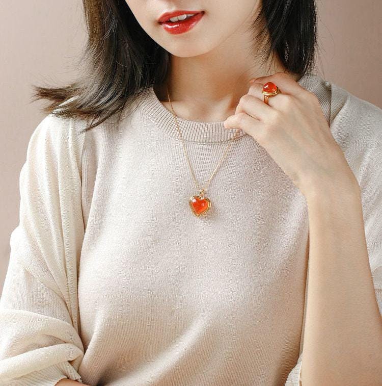 Southern Red Agate Heart Necklace with Diamond Accent in 18K Gold