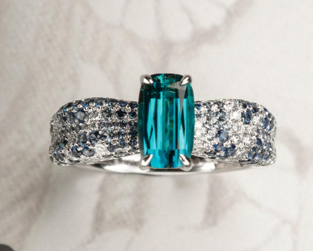 1.48ct 18K White Gold Blue Tourmaline  Diamond Engagement Ring