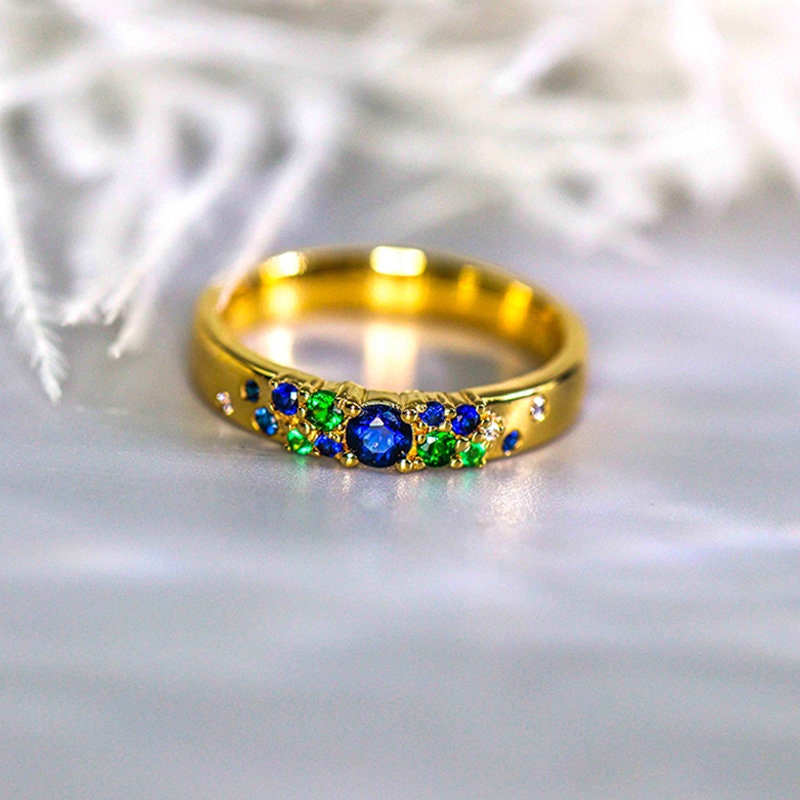 Blue Sapphire Tsavorite Cluster Band Ring in 18K Yellow Gold