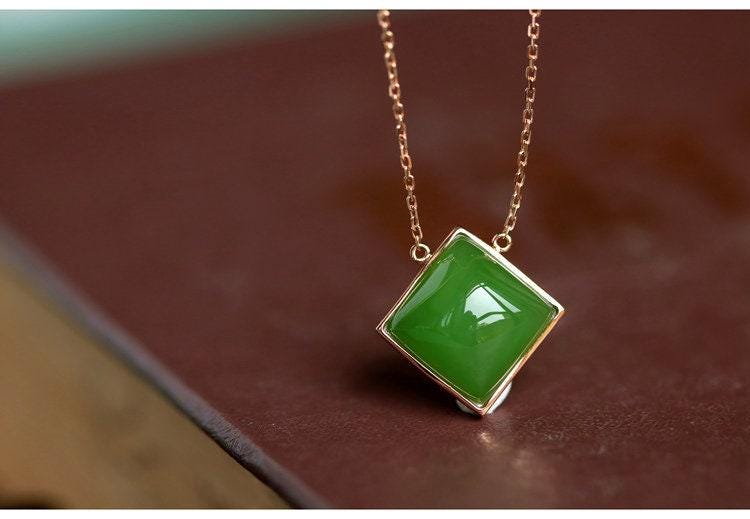 5A+ Jade Square Shape Cabochon Necklace in 18K Yellow Gold
