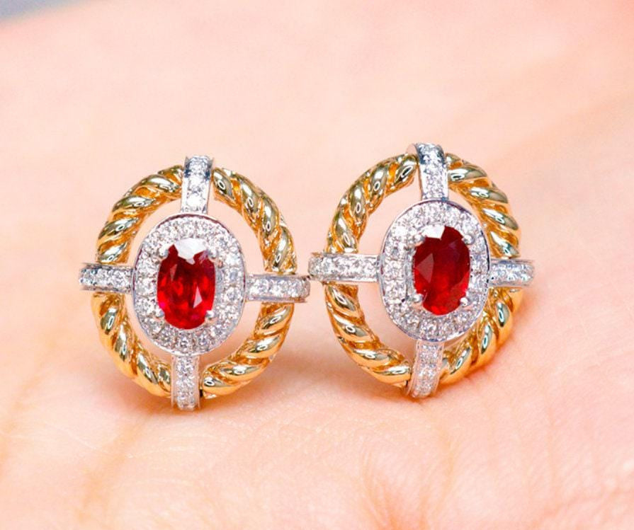 Red Spinel Oval 18K Gold Twisted Vintage Earring