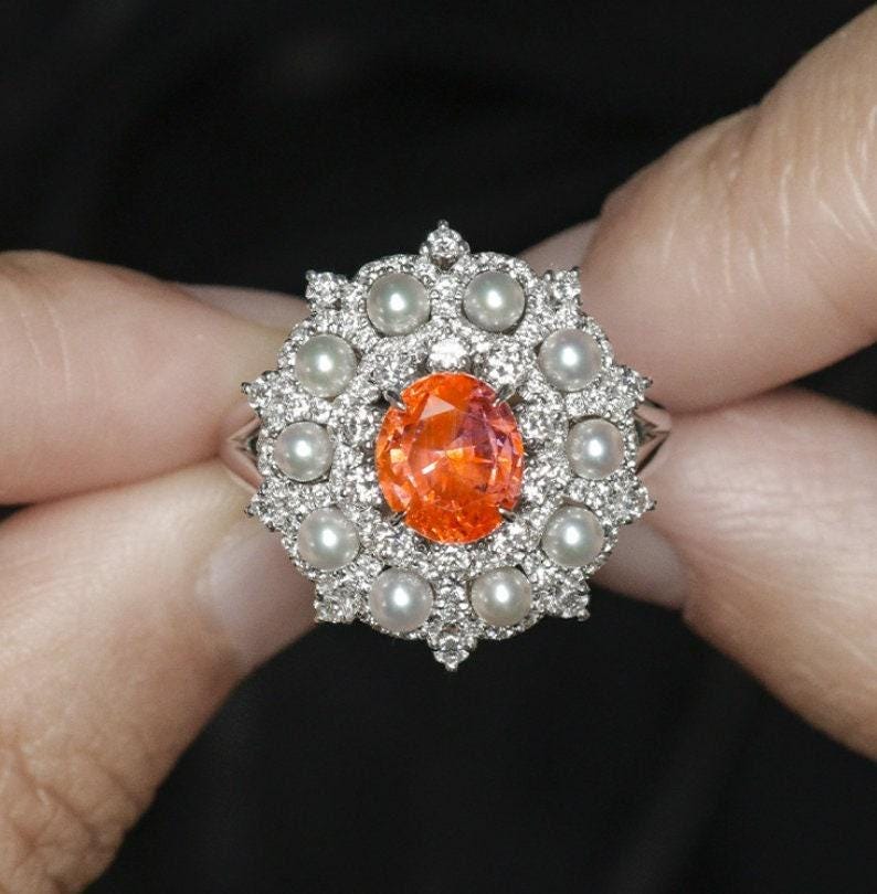 Sunset Padparadscha Sapphire 18K Gold Ring with Diamonds Aound