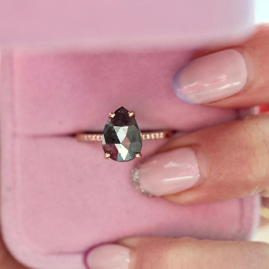 2ct Pear Rose Cut Grey 18K Yellow Gold Wedding Ring
