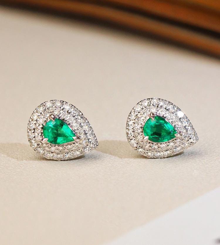 Emerald Teardrop Earrings with Double Diamond Halo in Platinum 950