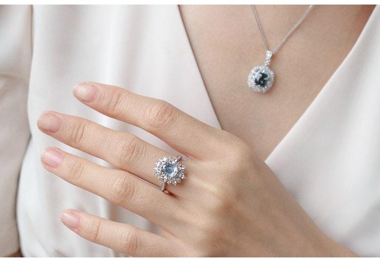 Blue Grey Spinel & Diamond Art Deco Necklace in 18K White Gold