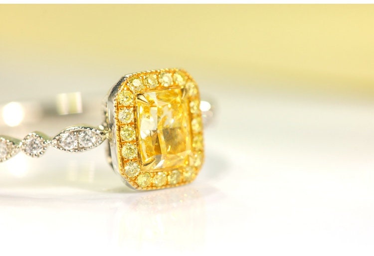 Fancy Yellow Diamonds Ring in 18K Two Tone Gold