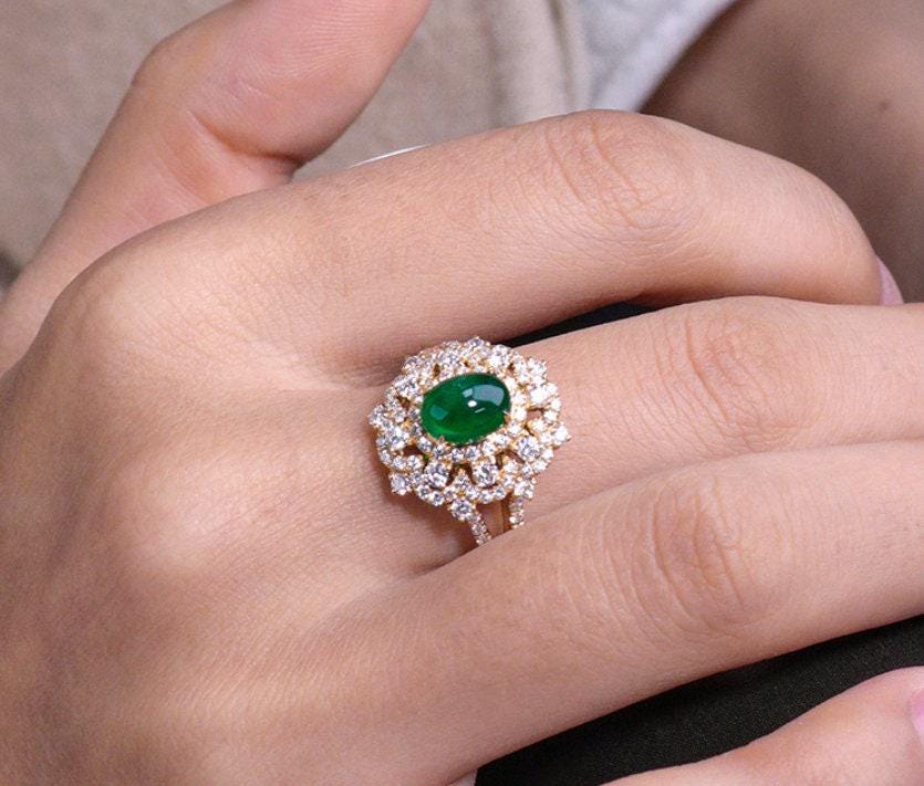 Huge Emerald Full Diamond Pave Set 18K Yellow Gold Ring