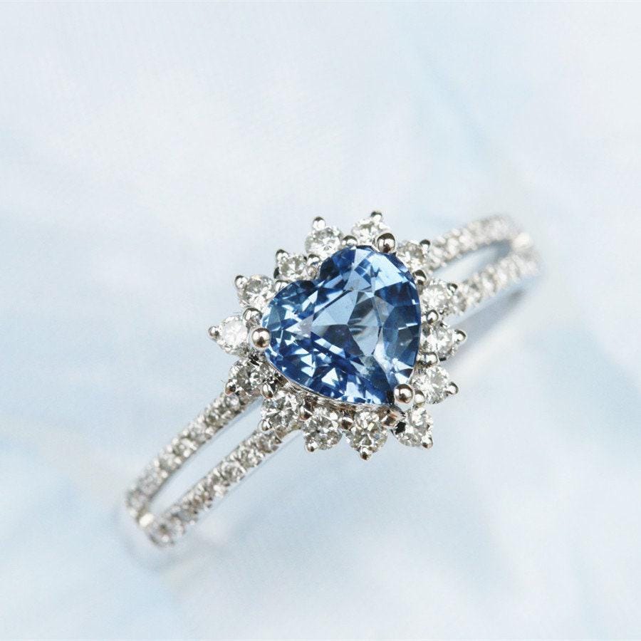 Heart-Shaped Blue Sapphire Diamonds Ring - 18K White Gold