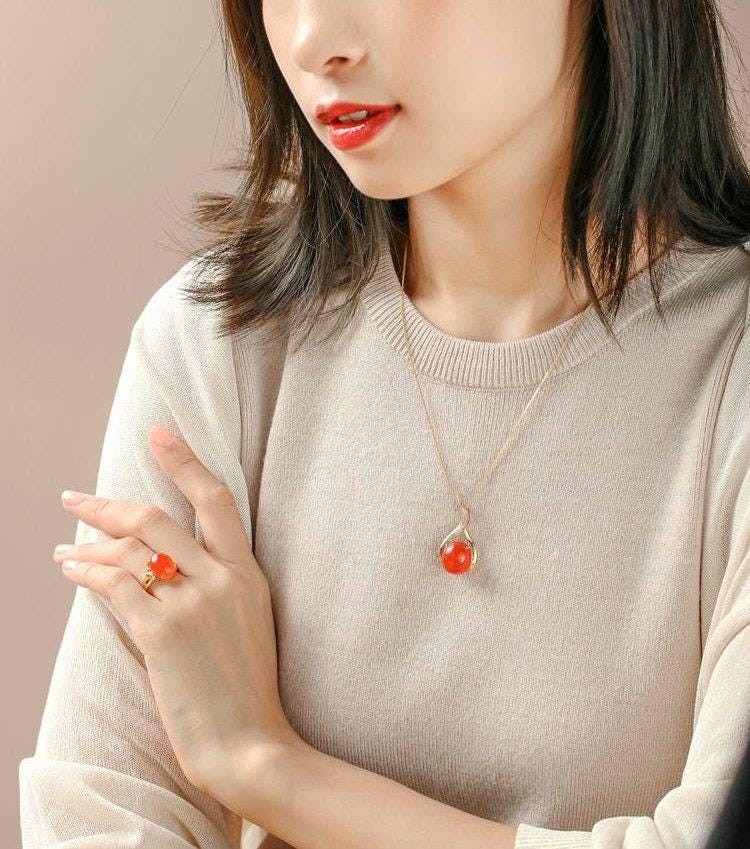 Huge Southern Red Agate Diamond Necklace - 18K Yellow Gold