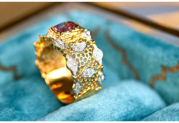 Purple Sapphire Diamond 18K Gold Honeycomb Detailing