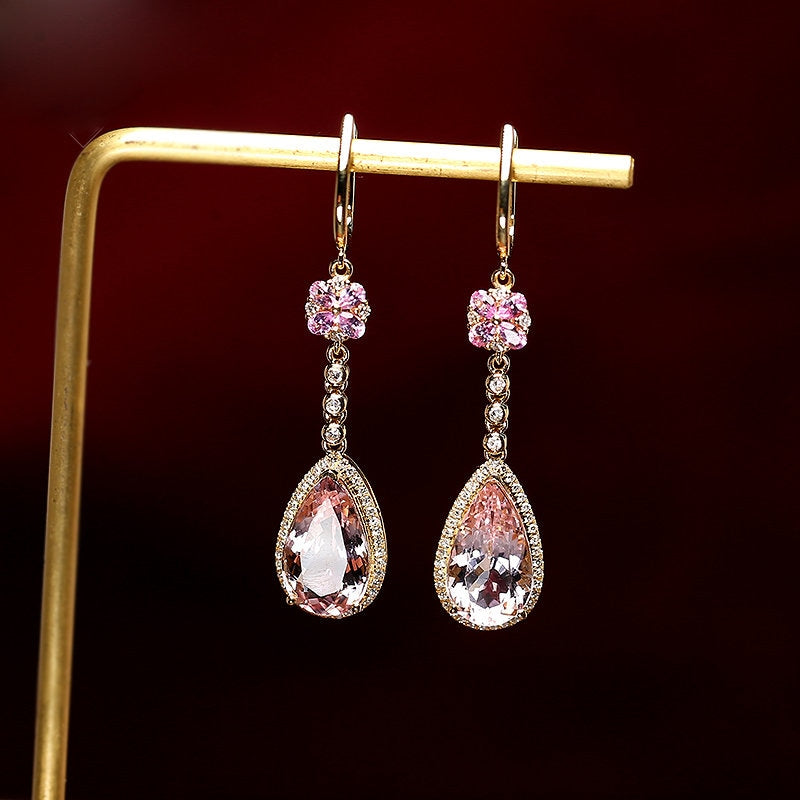 Pink Morganite Teardrop Hoop Earrings in 18K Yellow Gold