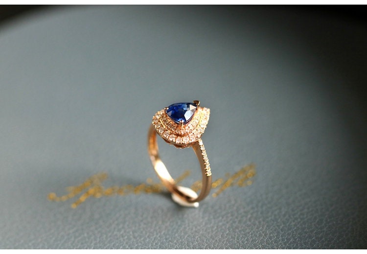 Blue Sapphire Teardrop Ring with Halo Diamonds - 18K White Gold